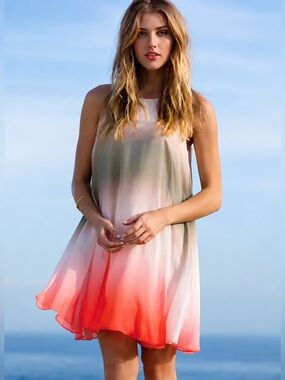Marciano by Guess Ombré Chiffon Swing Dress XS Pink Coral Gradient Wedding Guest